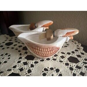 2 Vintage Ceramic Small Melted Butter Boat Corn Themed With Brush